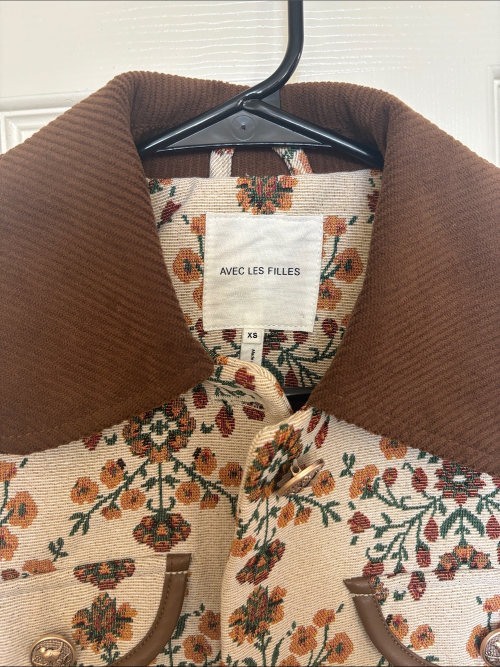 Avec Les Filles Cream Floral Cream Jacquard Cropped Jacket Brown Corduroy Collar - Picture 4 of 8